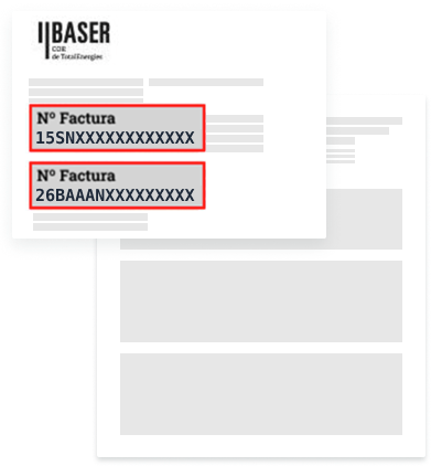 Puedes encontrar el número de factura en los datos de la parte superior de tu factura. Ejemplo: Nº Factura: 1TSNXXXXXXXXXXX