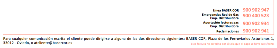 Información sobre teléfonos de contacto: Línea Baser 900902947, Emergencia Gas 900400523, Aportación lecturas gas 900902934, Reclamaciones 900902941